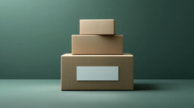 Stack of three shipping boxes in neutral tones against a green backdrop, ideal for ecommerce or packaging related themes and concepts focused on delivery
