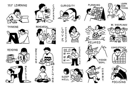 Ways to improve yourself. Cute character illustration design of people in various activities and doing for better or improve skill and abilities. Black and white doodle style. Hand drawn sketch.