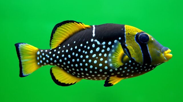 Close-up view of a vibrant black and yellow spotted fish with white dots swimming against a solid green background.