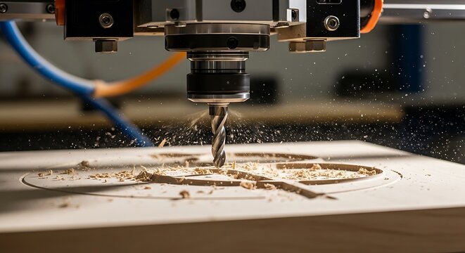Cnc machine drilling wood board close up industrial precision