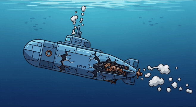 A cartoon illustration of a damaged blue submarine sinking underwater with bubbles and smoke.