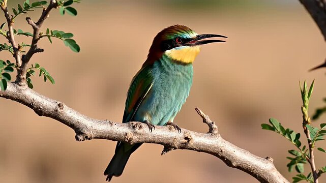 A vibrant southern carmine bee-eater perches gracefully on a branch, showcasing its striking plumage against a blurred natural backdrop.