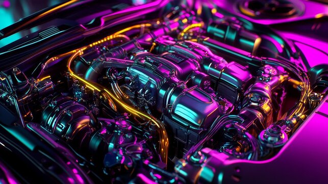 A vibrant, multi-colored engine with glowing neon accents and smooth curves under a hood