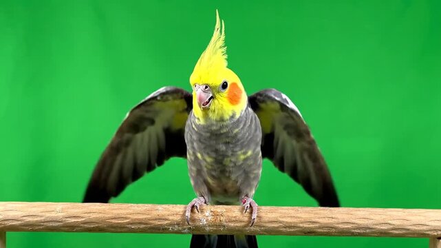 A vibrant yellow and grey cockatiel bird with its wings spread wide, perched on a wooden dowel against a bright green screen background.
