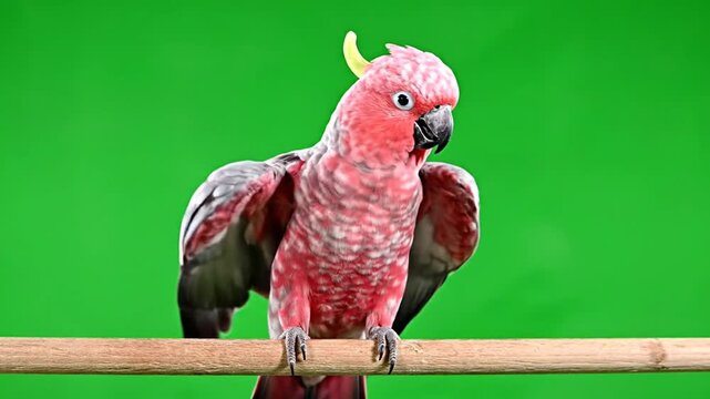 A beautiful pink and grey parrot with a yellow crest perches on a wooden stick against a vibrant green screen background.