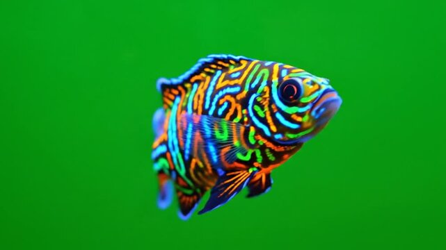 A vibrant, colorful fish with intricate patterns swimming against a bright green background.