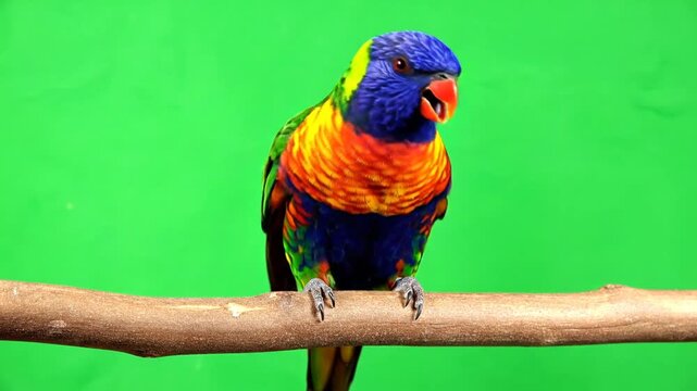 A vibrant rainbow lorikeet parrot perches on a wooden branch against a bright green screen background.