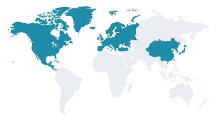 Fototapeta premium Infographic world map highlighting specific continents and regions in teal blue and grey.