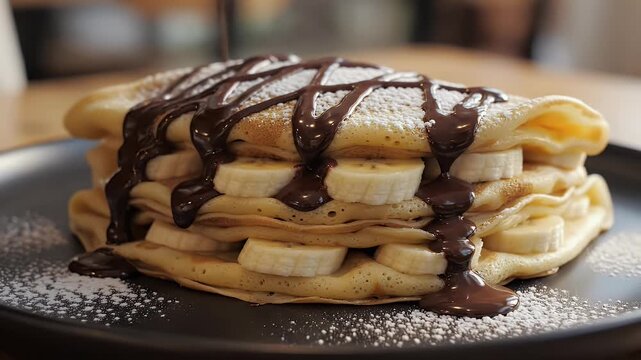 A delectable stack of crepes is generously topped with sliced bananas, drizzled chocolate sauce, and a dusting of powdered sugar.