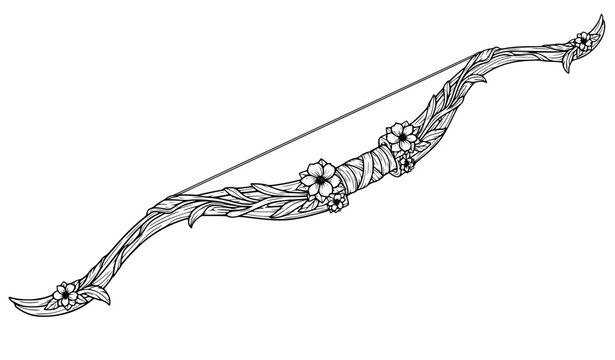 Elven longbow with botanical carvings line art vector fantasy weapon design isolated on white background