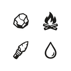 Obraz premium Primitive Survival Elements Stone Fire Spear Water Drop Essential Icons