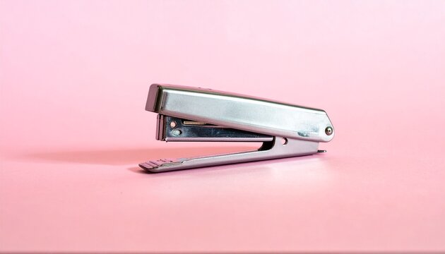 Metallic Office Stapler with Silver Body and Black Hinge on Pink Background