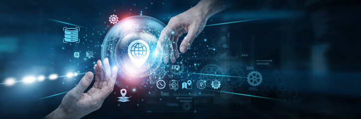 Analyst Hands of human touching on gis network connection, geographic information systems enabling spatial data mapping analysis location intelligence planning solutions. geospatial insights. © NexPix