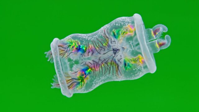 A translucent marine creature with vibrant rainbow-colored internal organs, floating against a solid green background.