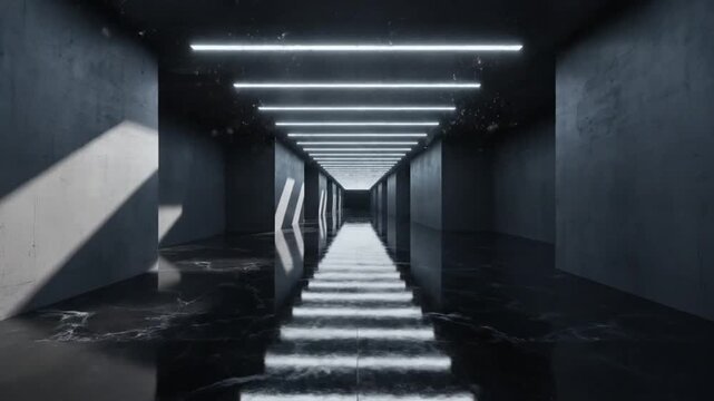 Endless futuristic dark corridor with glowing white lights and wet reflective floor creating a sense of mystery
