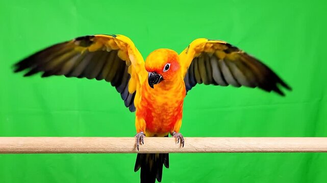 A sun conure parrot with vibrant orange and yellow feathers spreading its wings on a wooden perch against a bright green screen background.