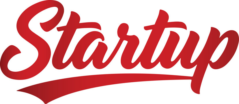 Red startup script text with underline on white background lettering typography