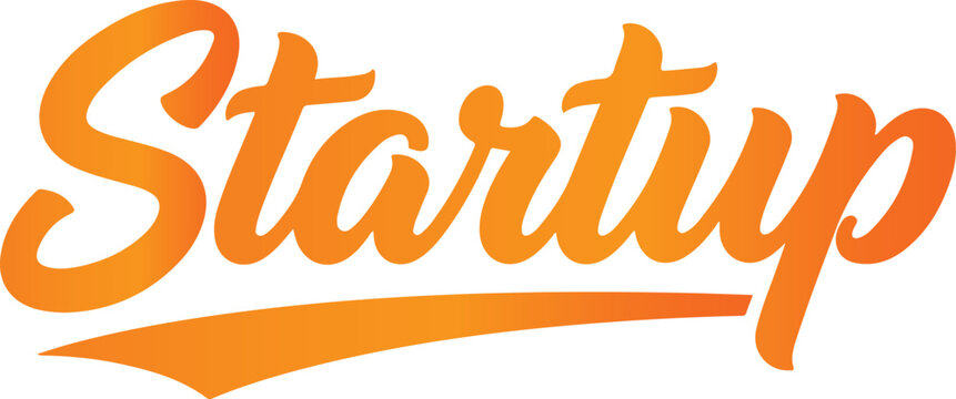 Orange startup script text with underline on white background gradient lettering