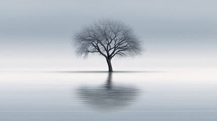 Solitary tree in calm waters with reflections and misty background, evoking a sense of solitude and tranquility in a minimalist landscape setting