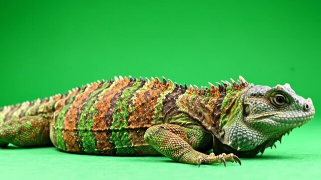 A colorful iguana with green, orange, and brown patterns resting on a vibrant green background, showcasing its unique scales and reptilian features.