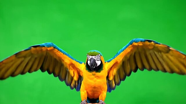 Vibrant blue and yellow macaw parrot with wings spread wide against a green screen background.