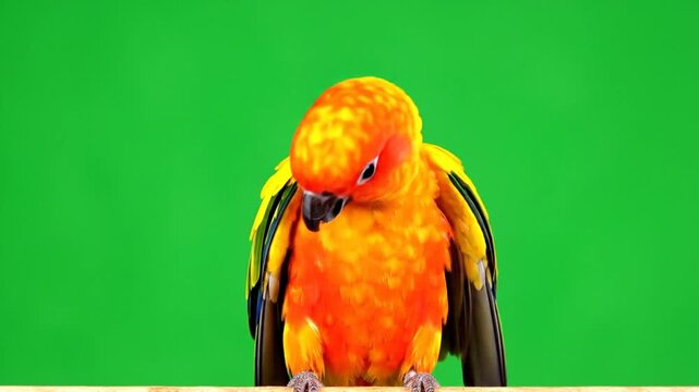 A colorful sun conure parrot with bright orange and yellow feathers standing on a perch against a green screen.