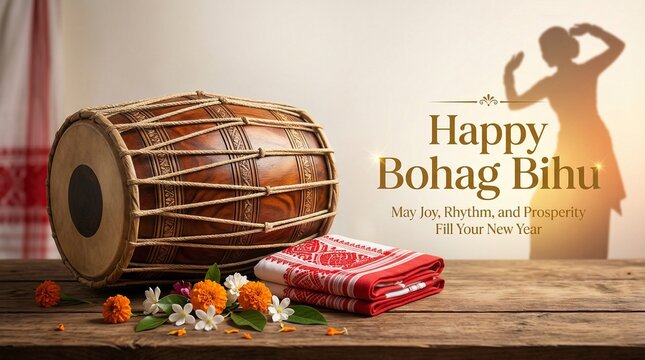 Image is a digital artwork featuring a festive theme. It showcases a traditional Assamese drum, known as a 'dhol', placed on a wooden surface. The drum is intricately designed with a wooden body and r