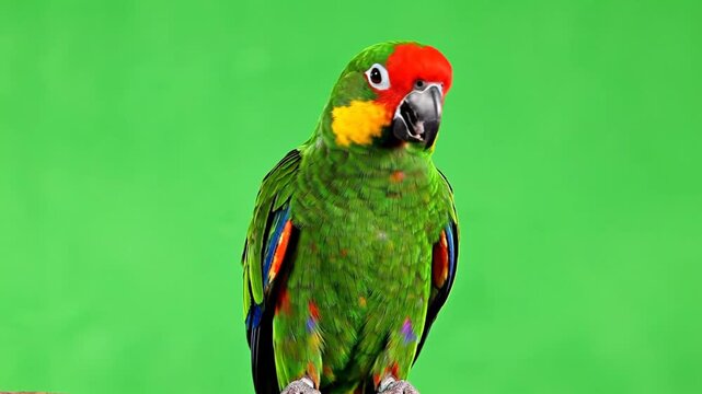 A vibrant green parrot with a striking red head and yellow cheek patch stands against a plain green background, looking directly at the viewer.