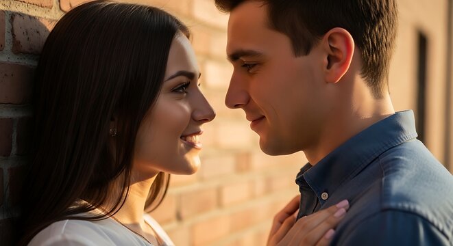 Couple in close proximity smiling with brick wall background