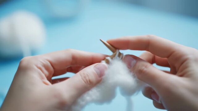 Hands knitting with white yarn on wooden needles against a light blue backdrop