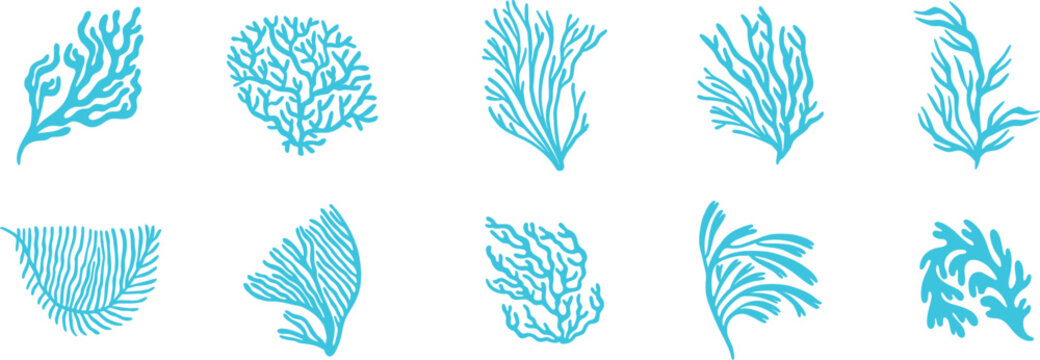 Minimal blue coral silhouettes seamless pattern with abstract ocean reef elements for marine backgrounds. Elegant hand drawn sea life shapes for textile, wallpaper, branding. Modern aquatic design ins