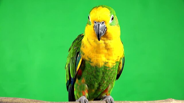 A vibrant green and yellow parrot perched on a branch in front of a bright green screen, looking directly forward.