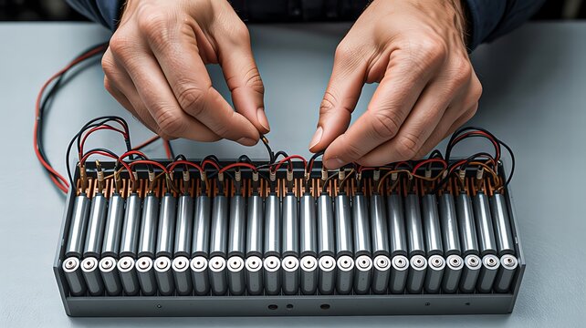 Hands inserting batteries into organizer tray with electronic components and power management concept