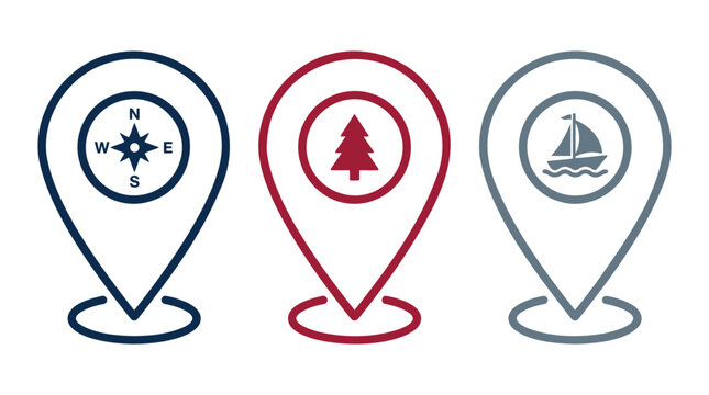 Collection of navigation map pin icons with compass tree and sailboat themes.
