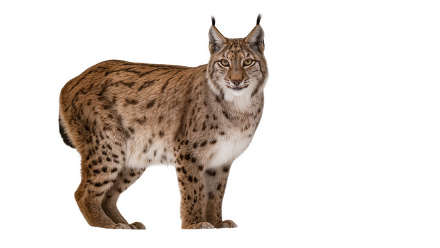 Eurasian lynx with spotted fur standing, isolated on transparent background