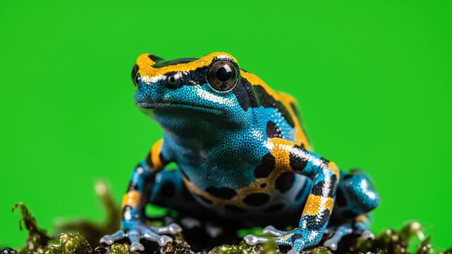 A close-up shot of a vibrant blue, black, and yellow poison dart frog sitting on moss against a bright green background.