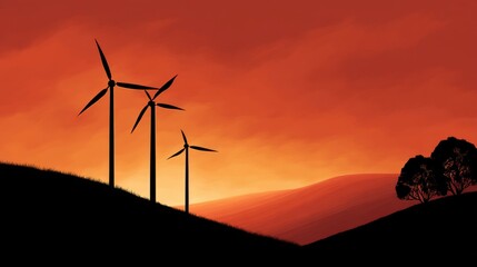 Obraz premium Silhouetted Wind Turbines Against a Vibrant Sunset Sky, Isolated Hills, and Rolling Landscape in Warm Orange and Red Tones