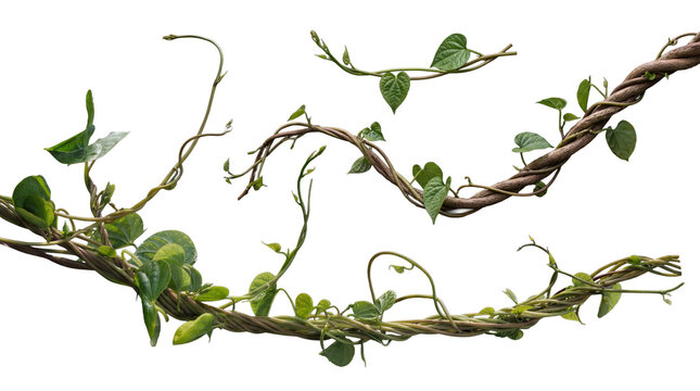 Multiple intertwined tropical jungle lianas and lush green foliage, isolated on a transparent background.