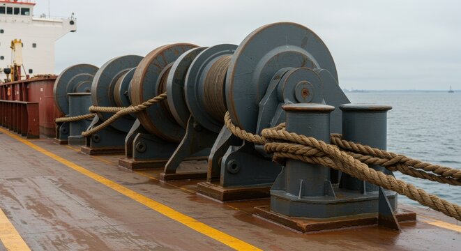 rope winch securing ship deck mooring with metal machinery and industrial equipment