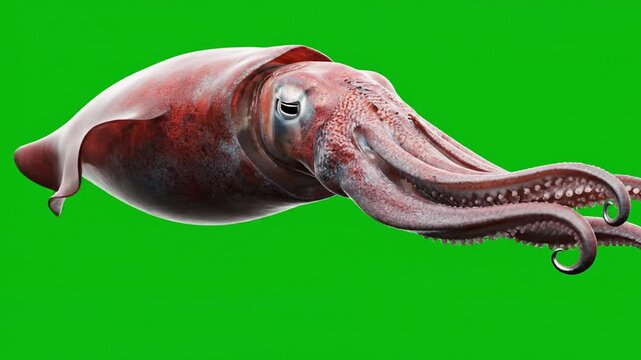 A detailed studio shot of a reddish-brown squid with visible tentacles, isolated against a vibrant green background.