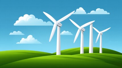 Fototapeta premium Scenic view of modern wind turbines on green hills under a bright blue sky with fluffy clouds depicting renewable energy and sustainable development concept