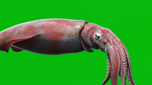 A realistic red-brown squid with tentacles on a vibrant green screen background, ready for compositing.