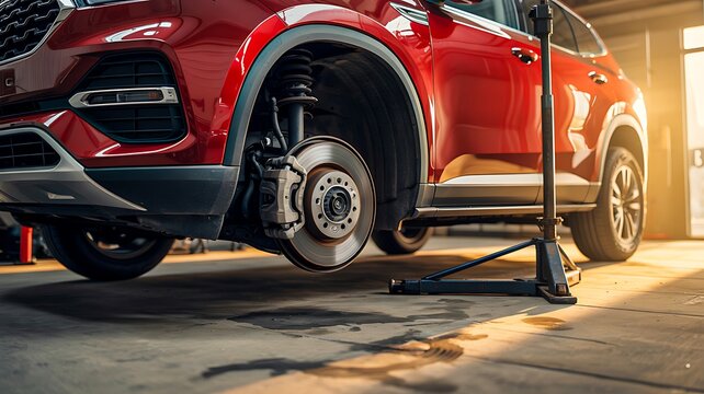 Car maintenance service with vehicle lifted and wheel removed in auto repair workshop