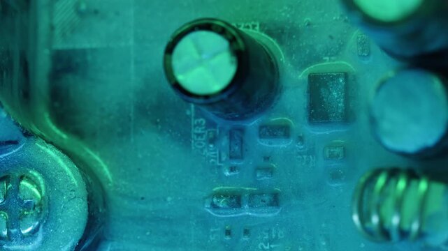 Ink vapor. Electronic background. Defocused blue green color water round smoke texture microchip shimmer fluid on digital art abstraction.