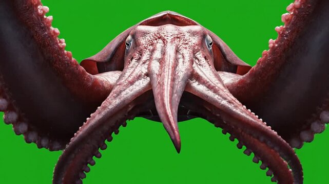 Close-up view of a large, mysterious red cephalopod creature with multiple tentacles against a vibrant green screen background, ready for visual effects compositing.