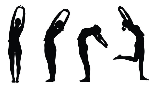 Silhouettes of women performing various stretching and yoga poses in a row