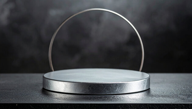 Minimalist Silver Pedestal with a Curved Metal Arch on a Dark Textured Surface