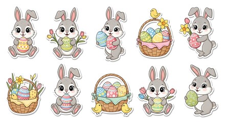 Obraz premium Easter bunny stickers set with colorful eggs and flowers vector illustration