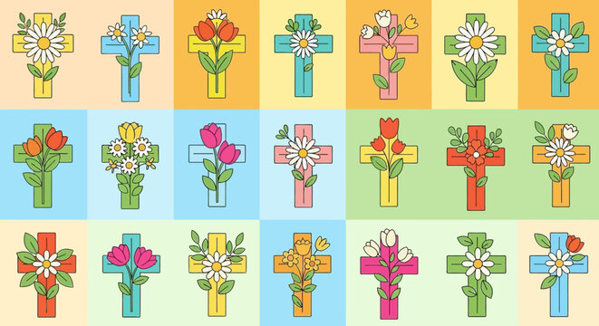 Floral Crosses Collection: Spring Easter Religious Symbols with Flowers and Leaves