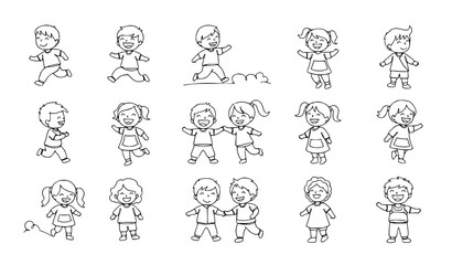 Obraz premium Continuous line children playing set happy kids running outline vector illustration